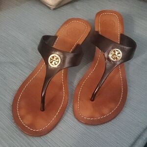 Tory Burch Black Leather Thong Sandals with Gold Logo Medallion